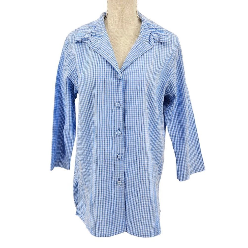 Caroline Rose Crinkle Gingham Boyfriend Shirt In Blue/White Women's XS Artsy